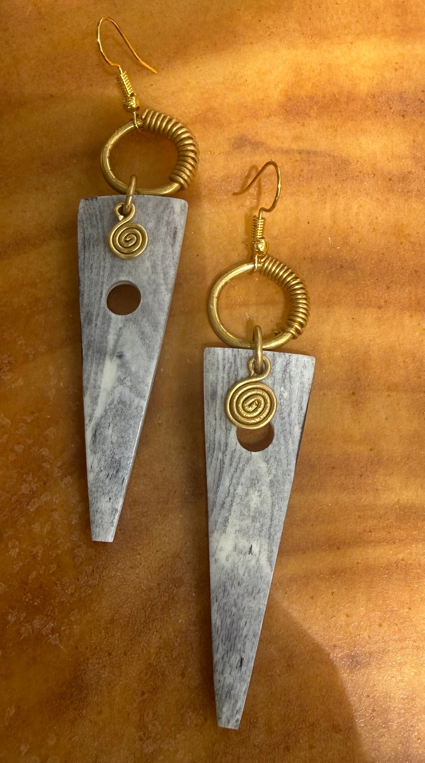 Bone & Brass Gray Triangle Drop Earrings