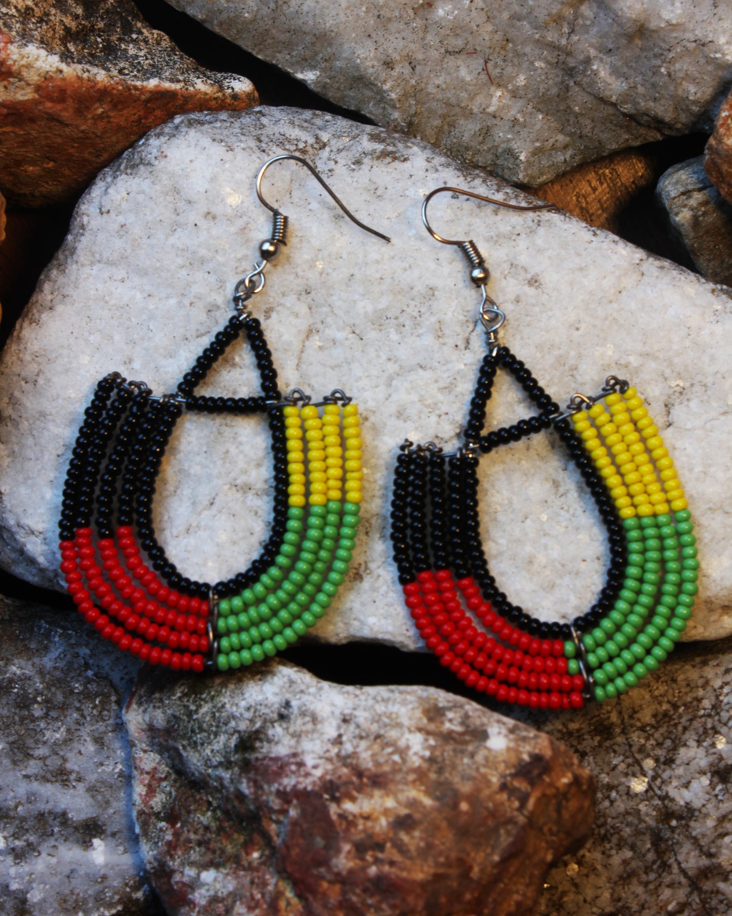 Black, Red, Green, Yellow Color Maasai Handmade Beaded Ear Rings with sterling silver hooks.