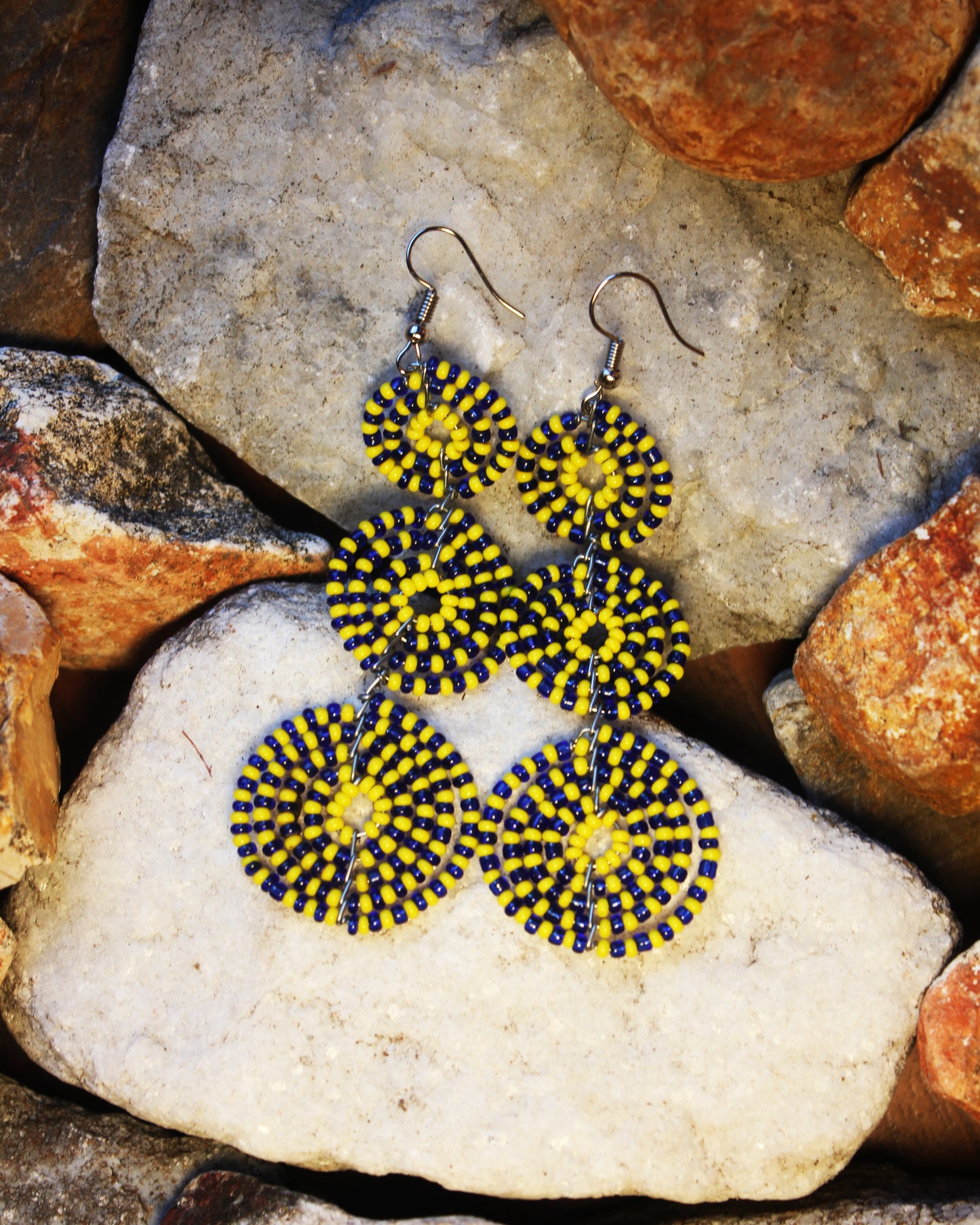 Yellow And Blue 3 Circle Towered Color Maasai Handmade Beaded Ear Rings with sterling silver hooks.