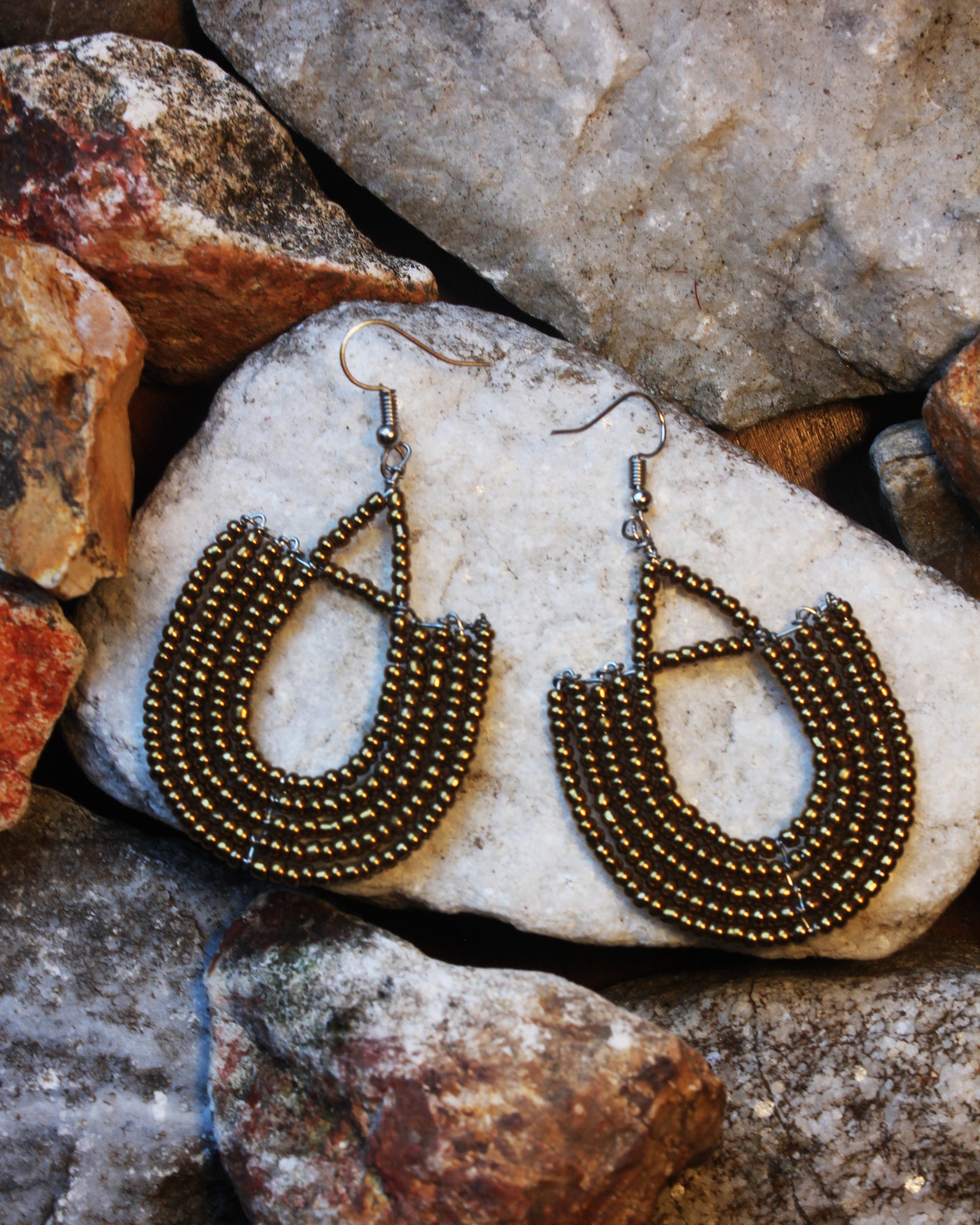 Bronze Colored U-Shaped Maasai Handmade Beaded Ear Rings with sterling silver hooks.