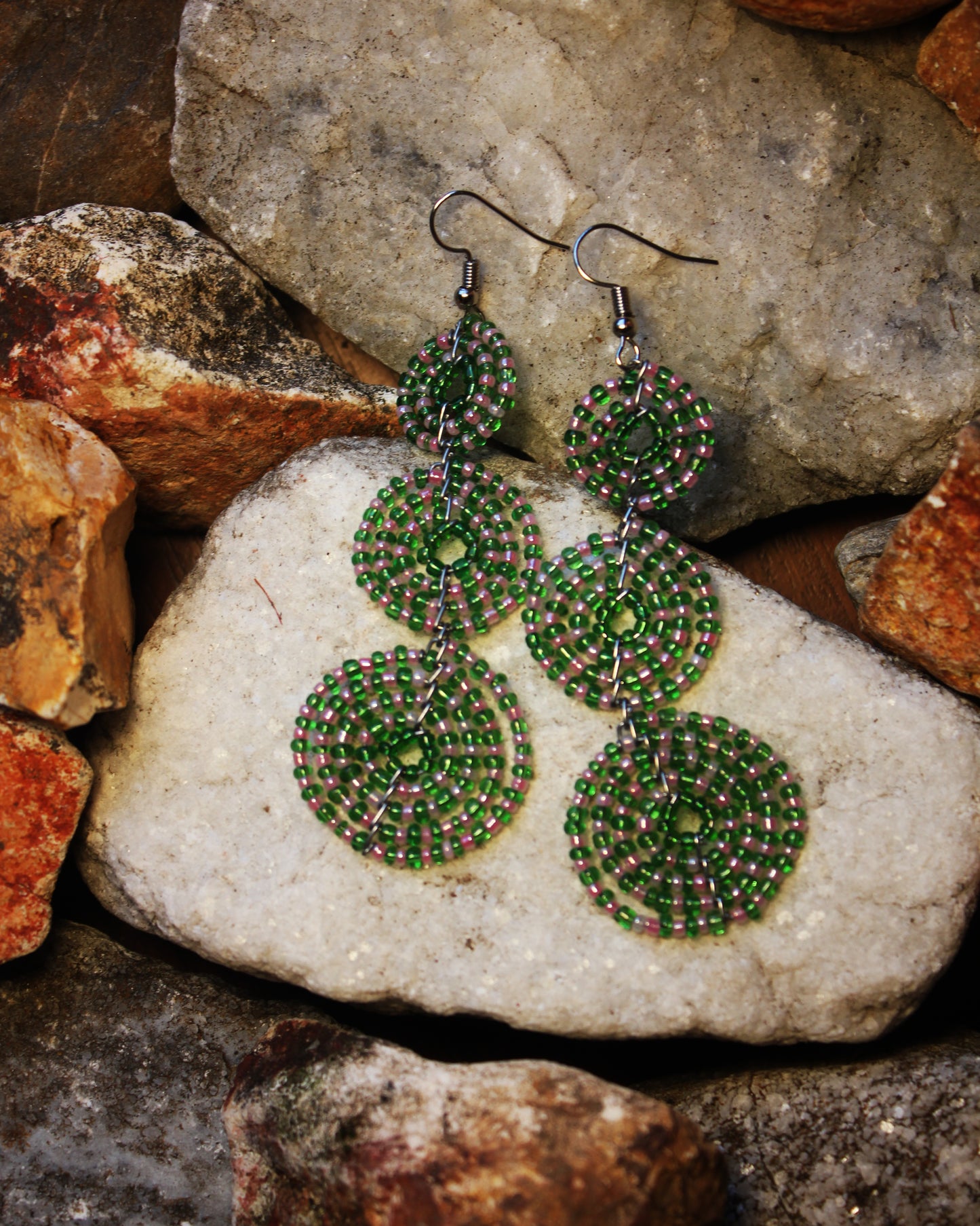 Green And Purple Colored Maasai Handmade Beaded Ear Rings with sterling silver hooks.