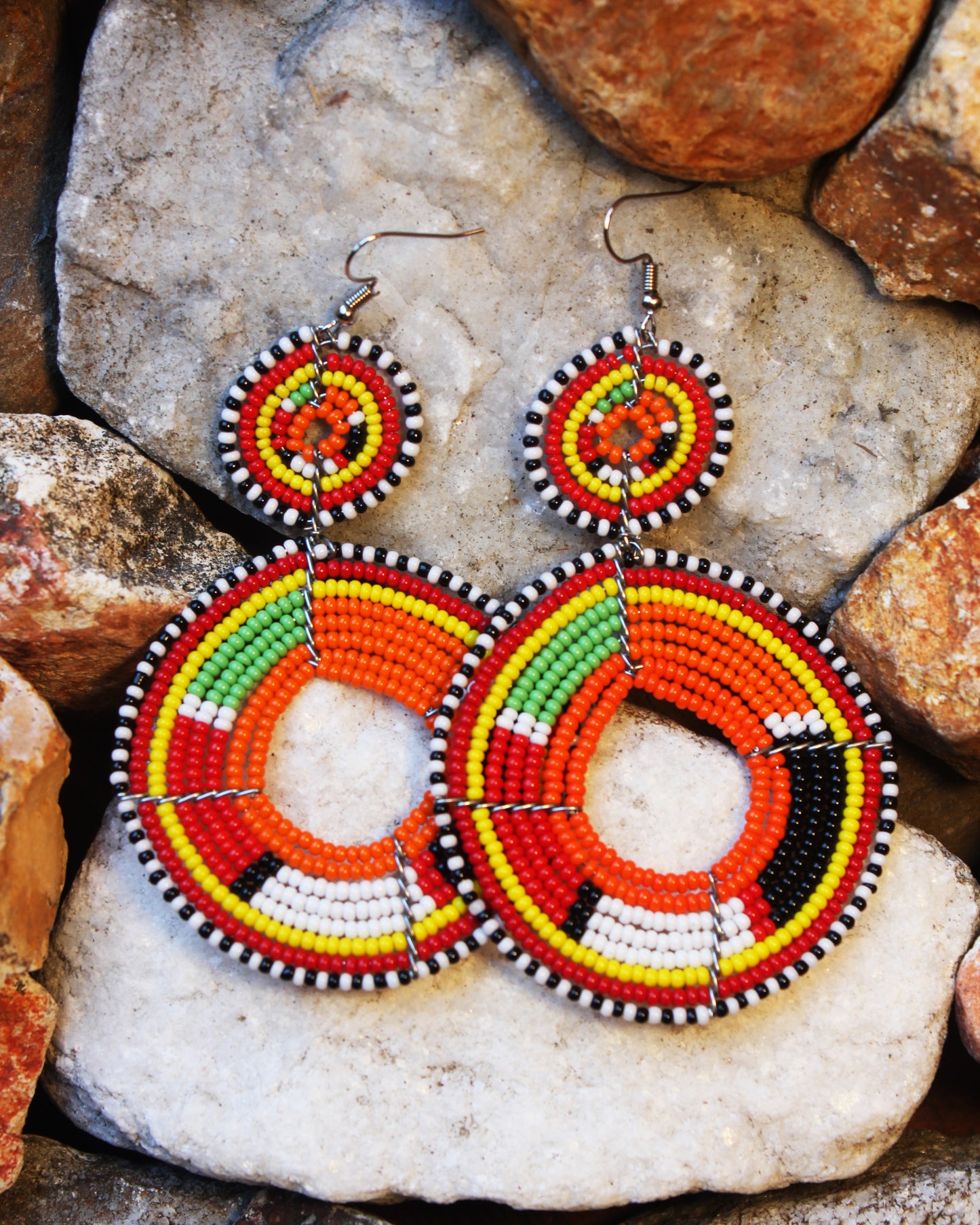 Multi-Colored Orange, Red, Green, White, Black Maasai Handmade Beaded Ear Rings with sterling silver hooks.