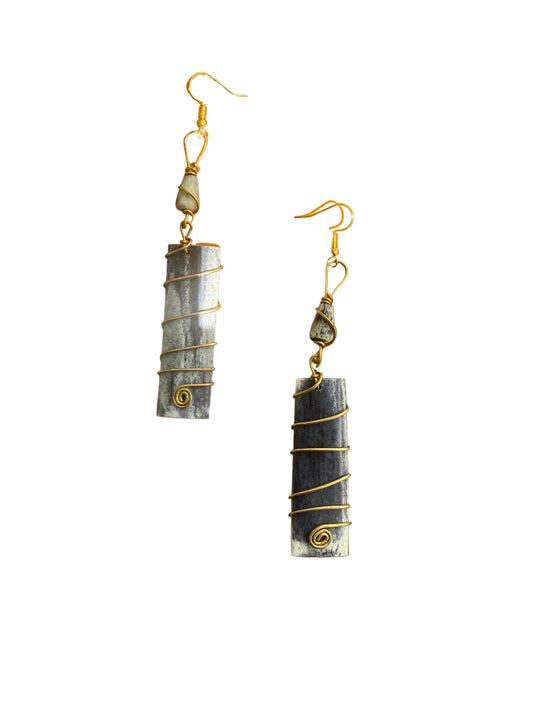 Brass and Bone Wire-Wrapped Drop Earrings