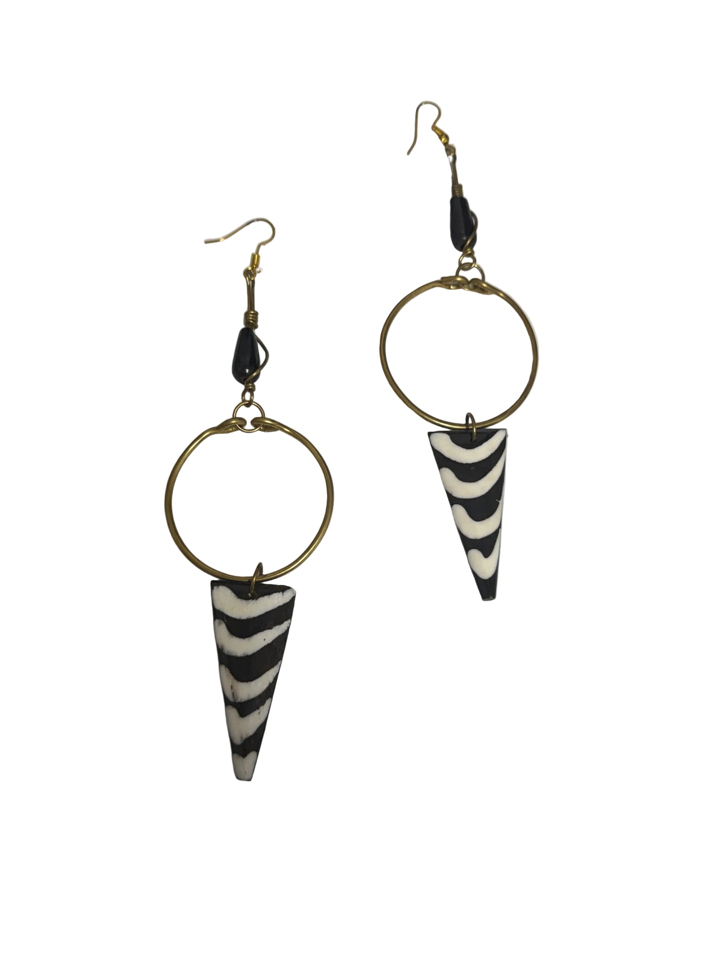 Black & White Zebra Stripe Brass Hoop & Bone Spike Drop Earrings
