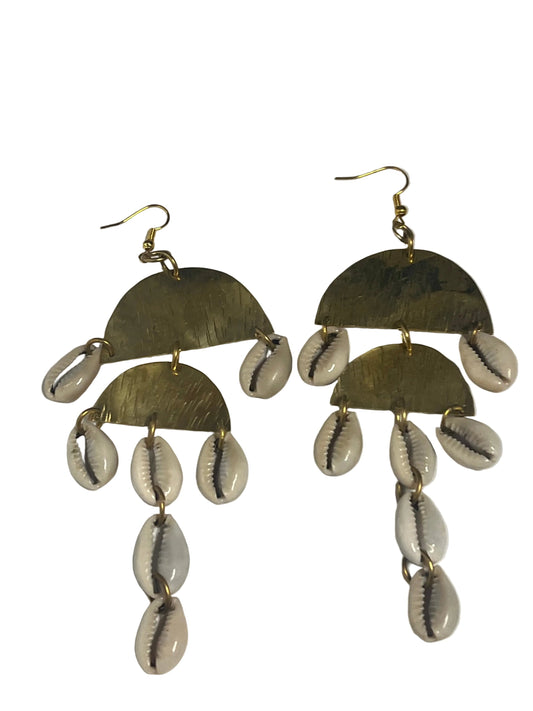 Tiered Cowrie & Brass Half-Moon Earrings