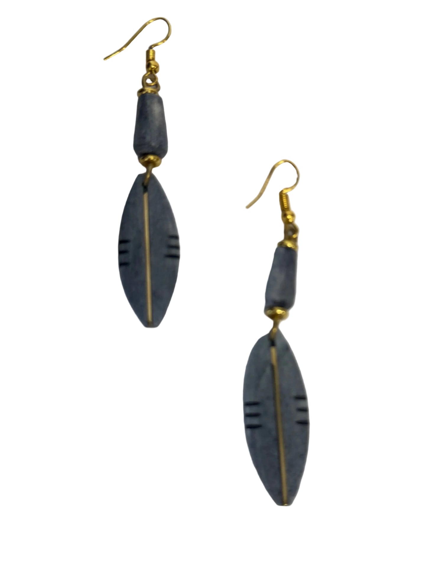 Carved Bone Leaf & Bead Drop Earrings