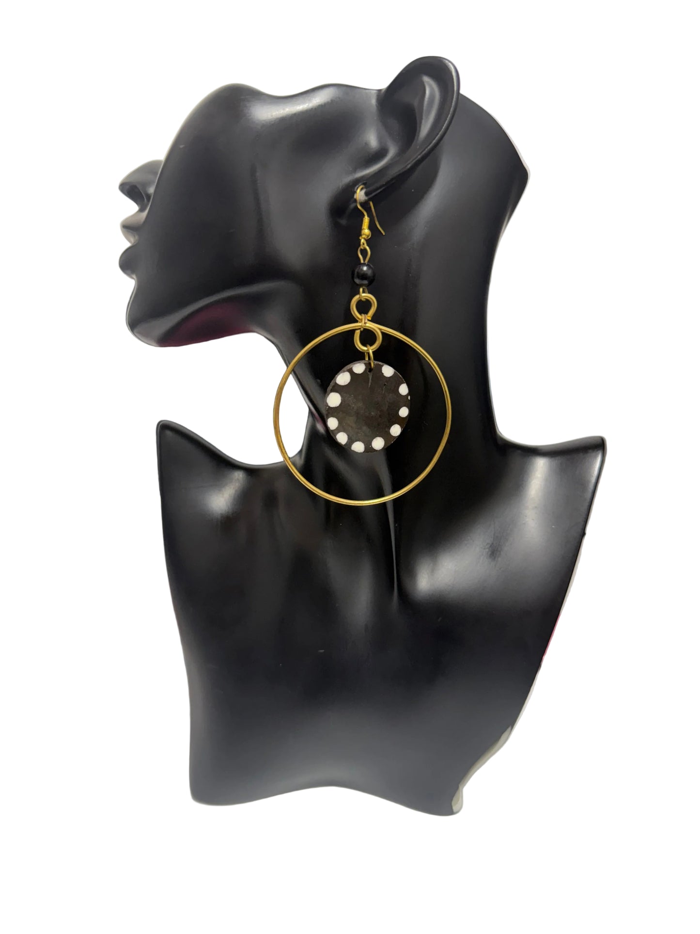 Black & White Brass Hoop & Bone Disc Earrings