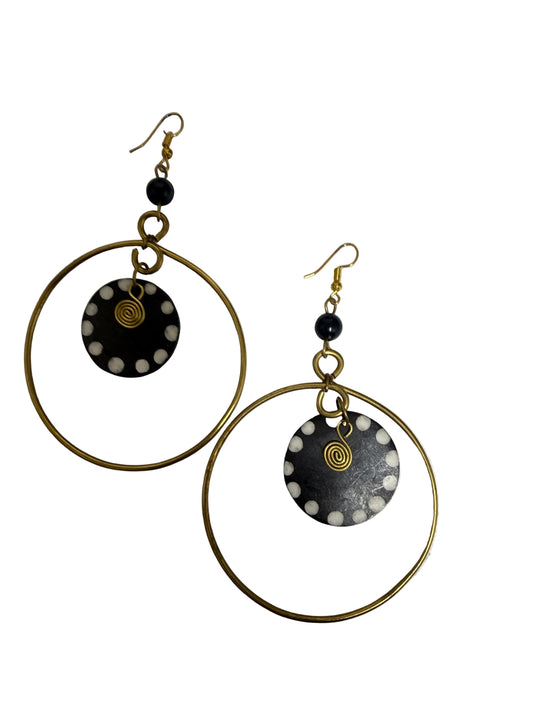 Black & White Brass Hoop & Bone Disc Earrings