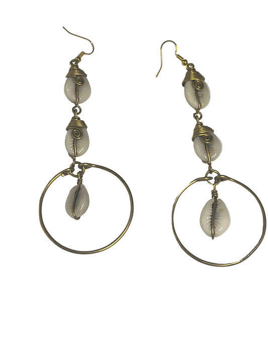 Cowrie Shell Drop Hoop Earrings