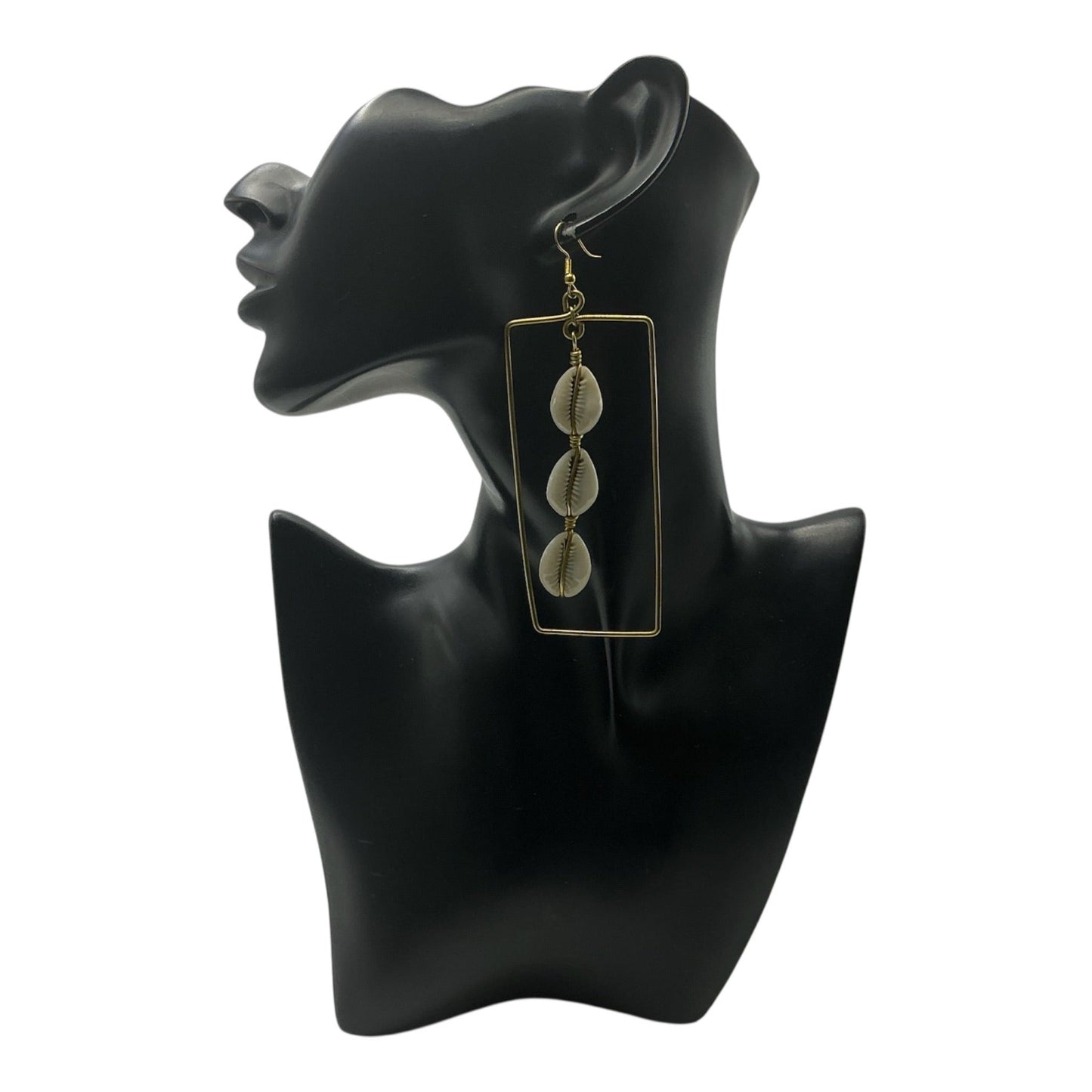 Brass Rectangle Cowrie Shell Earrings