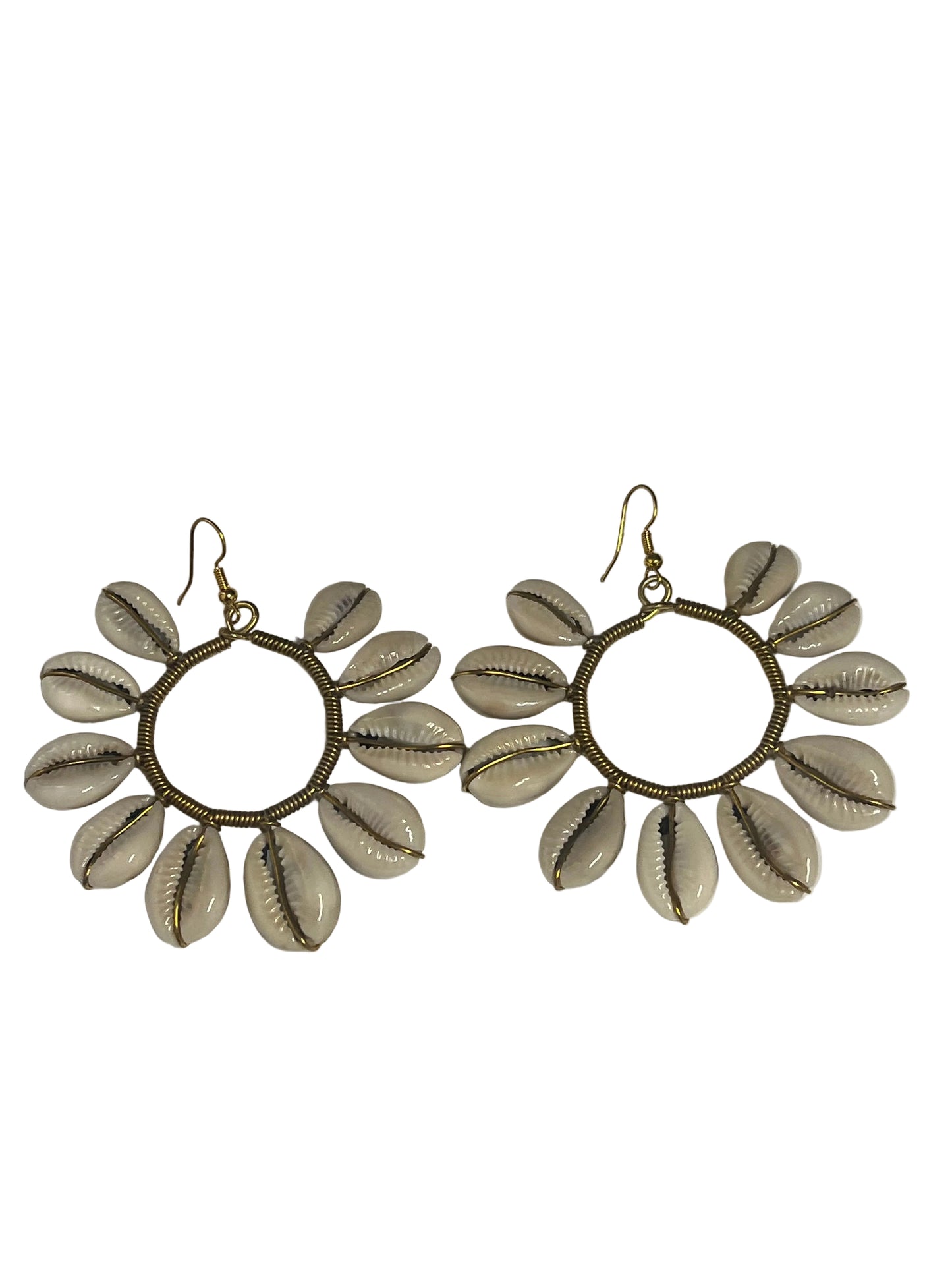 Handmade Kenyan Cowrie Shell Circle Hoop Earrings - Artisan Brass Statement Jewelry