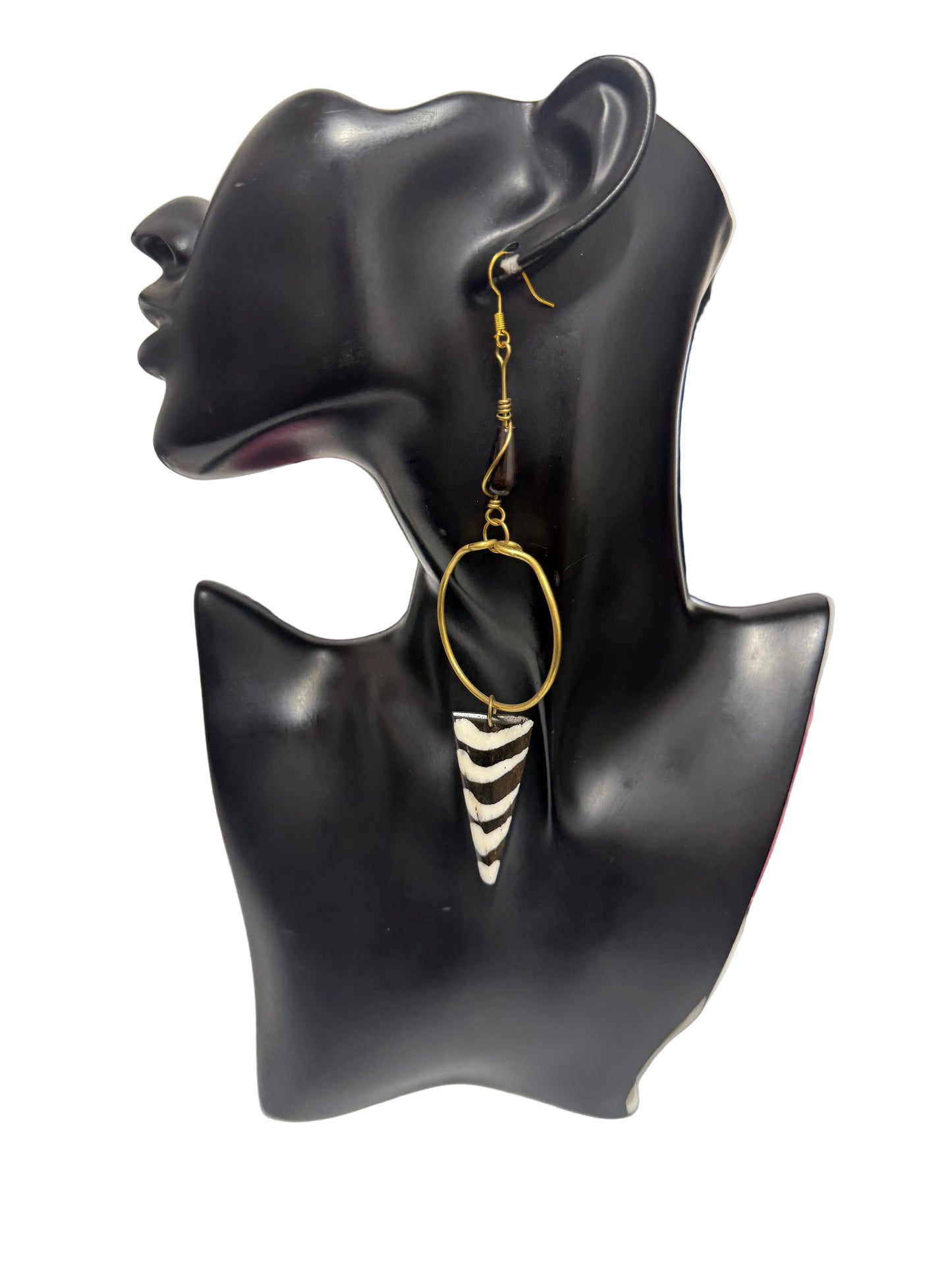 Black & White Zebra Stripe Brass Hoop & Bone Spike Drop Earrings