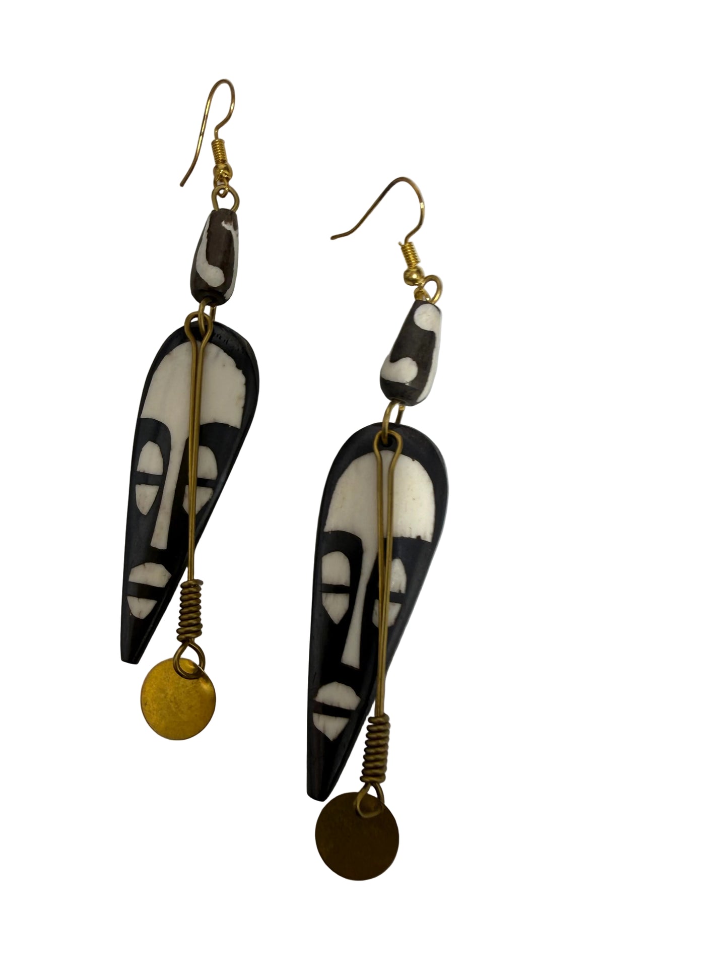 African Brass & Bone Mask Drop Earrings