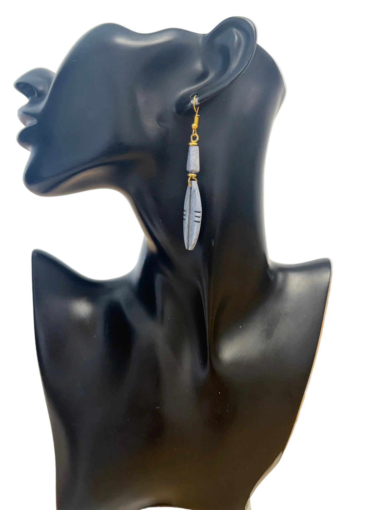 Carved Bone Leaf & Bead Drop Earrings