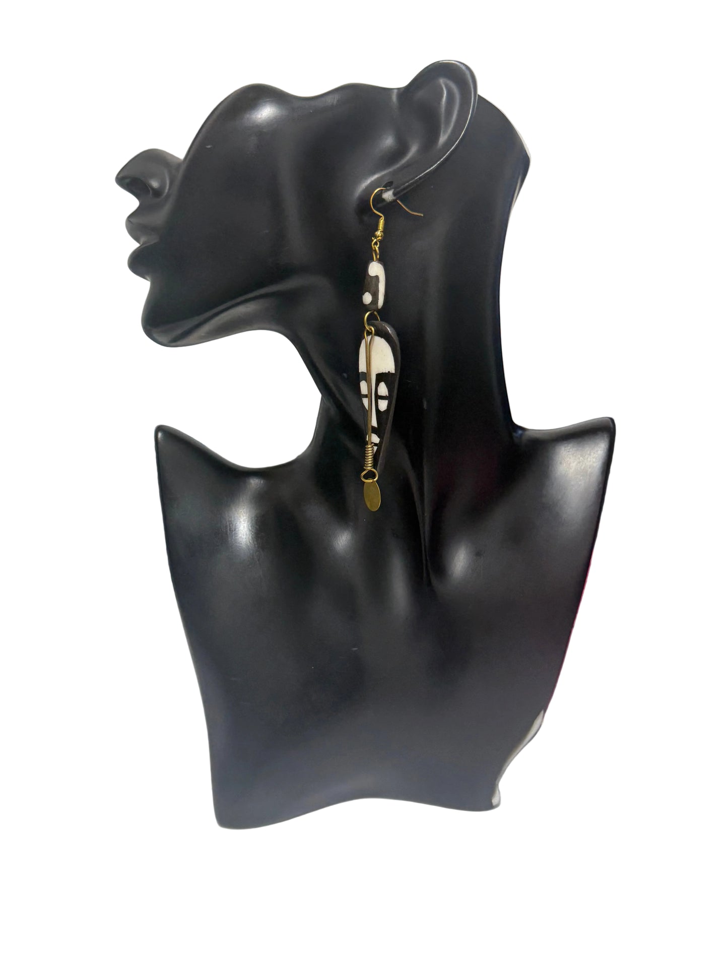 African Brass & Bone Mask Drop Earrings