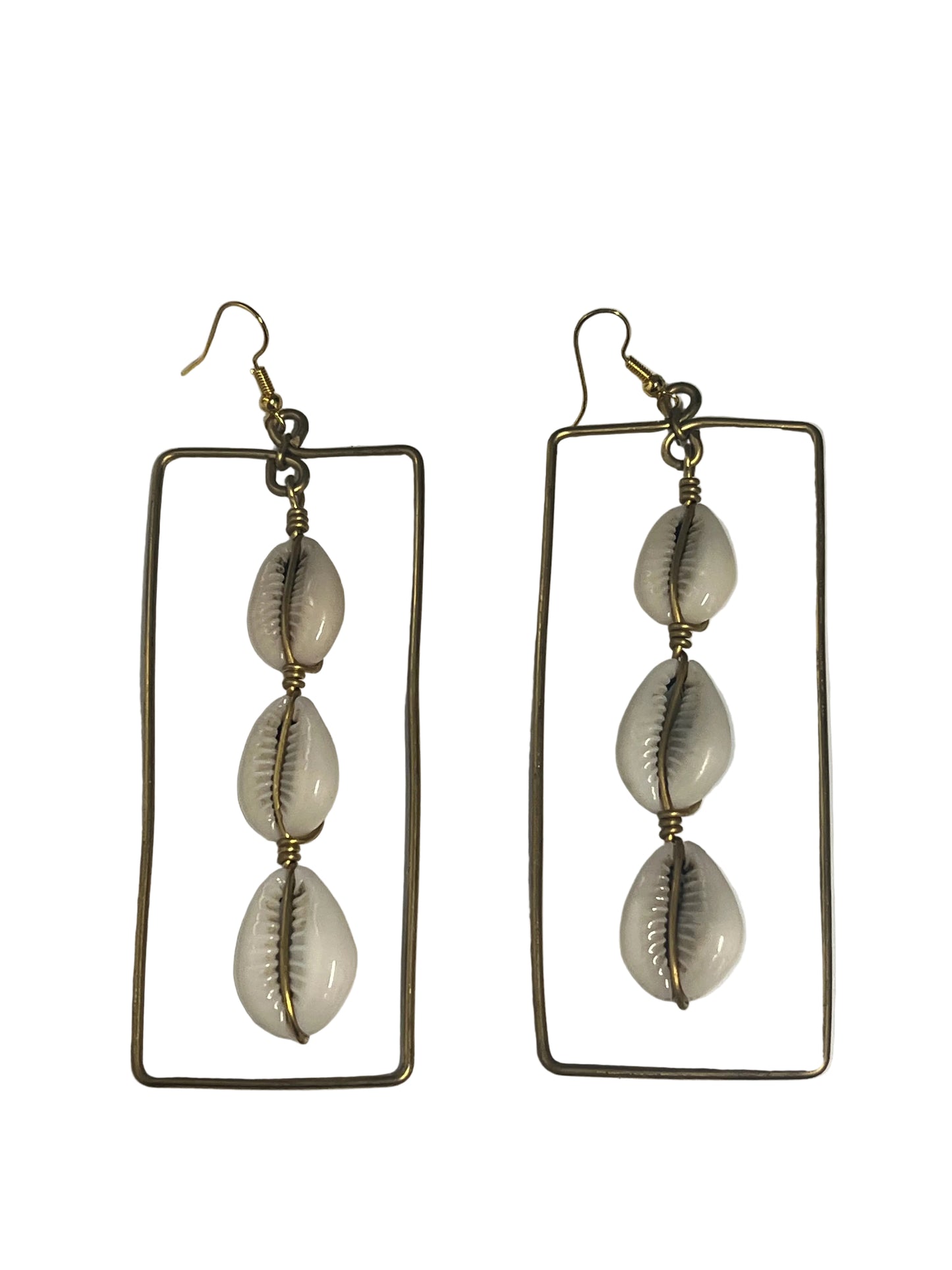 Brass Rectangle Cowrie Shell Earrings