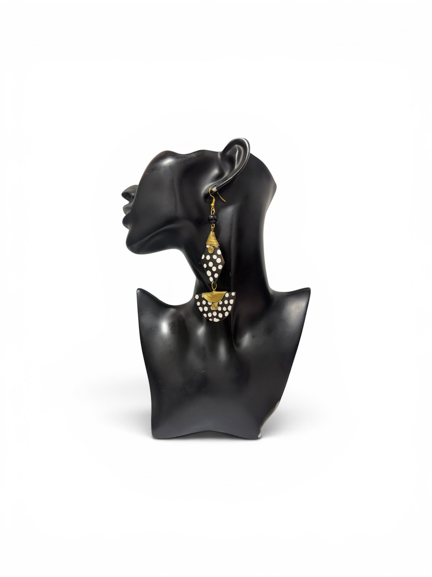Black & White Polka Dot Brass & Bone Double Drop Earrings