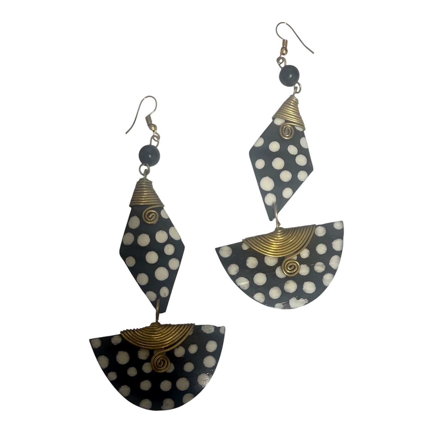 Black & White Polka Dot Brass & Bone Double Drop Earrings