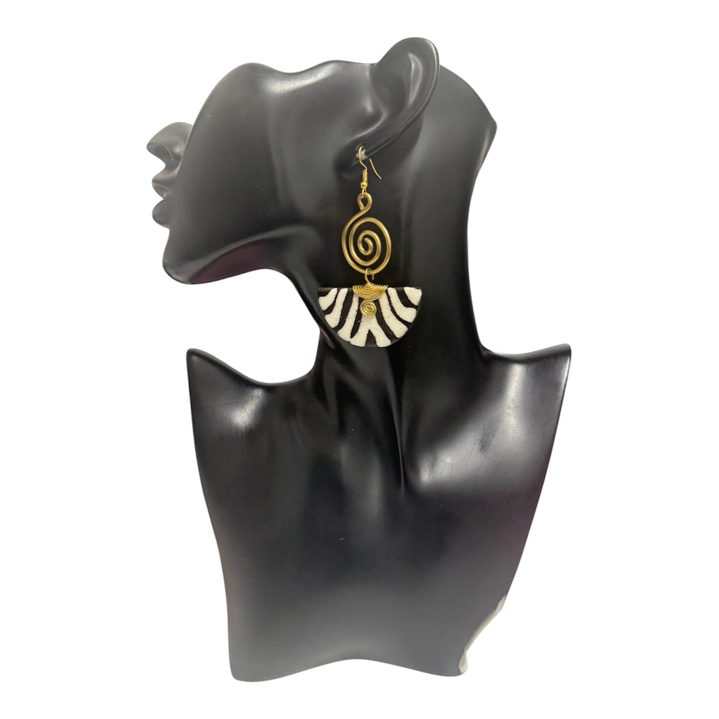 Black & White Zebra Stripe Brass Spiral & Bone Fan Earrings