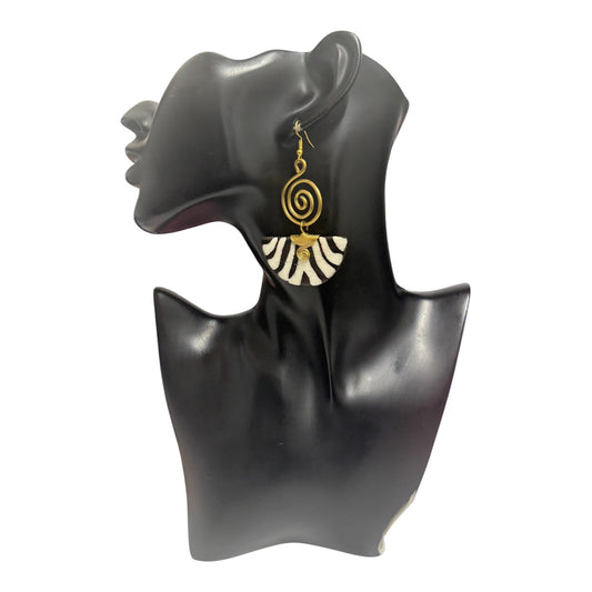 Black & White Zebra Stripe Brass Spiral & Bone Fan Earrings