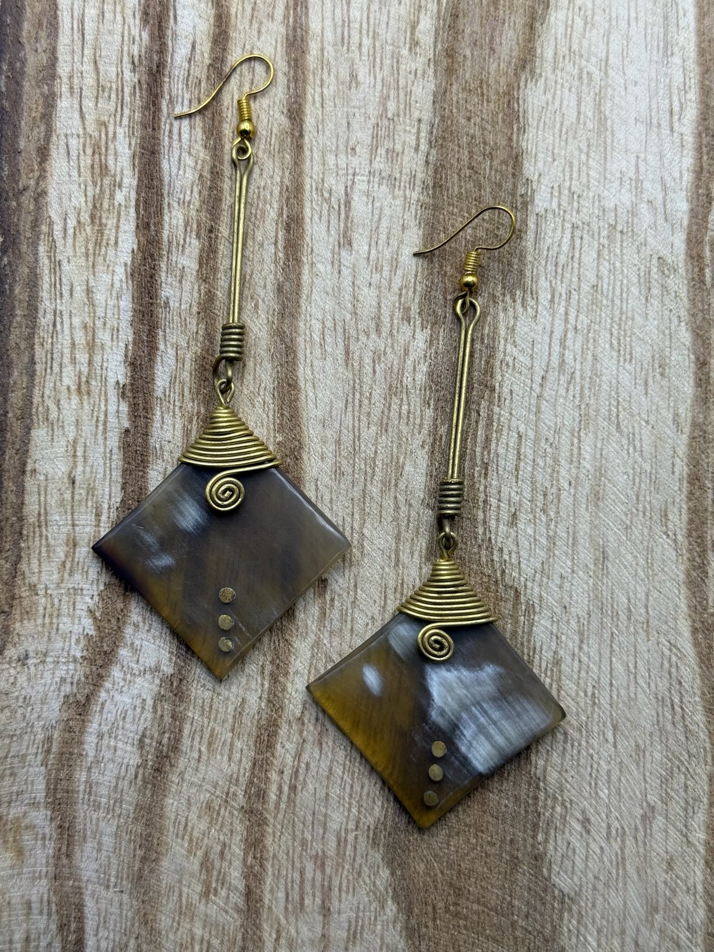 Bone & Brass Wire Diamond Drop Earrings – Handmade in Kenya