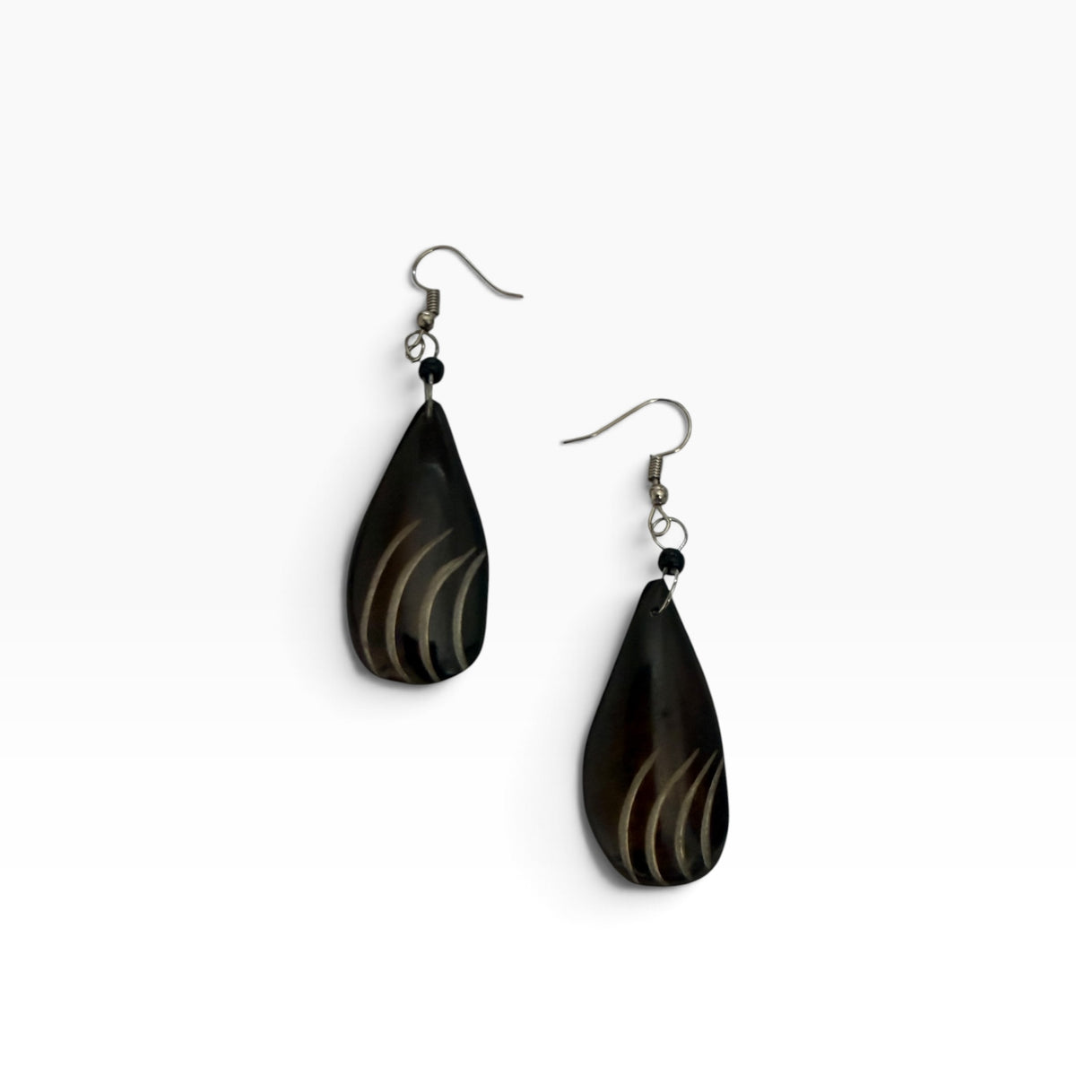 Dark Brown Carved Wave Cow Horn Teardrop Earrings