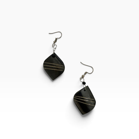 Dark Carved Stripe Cow Bone Leaf Earrings