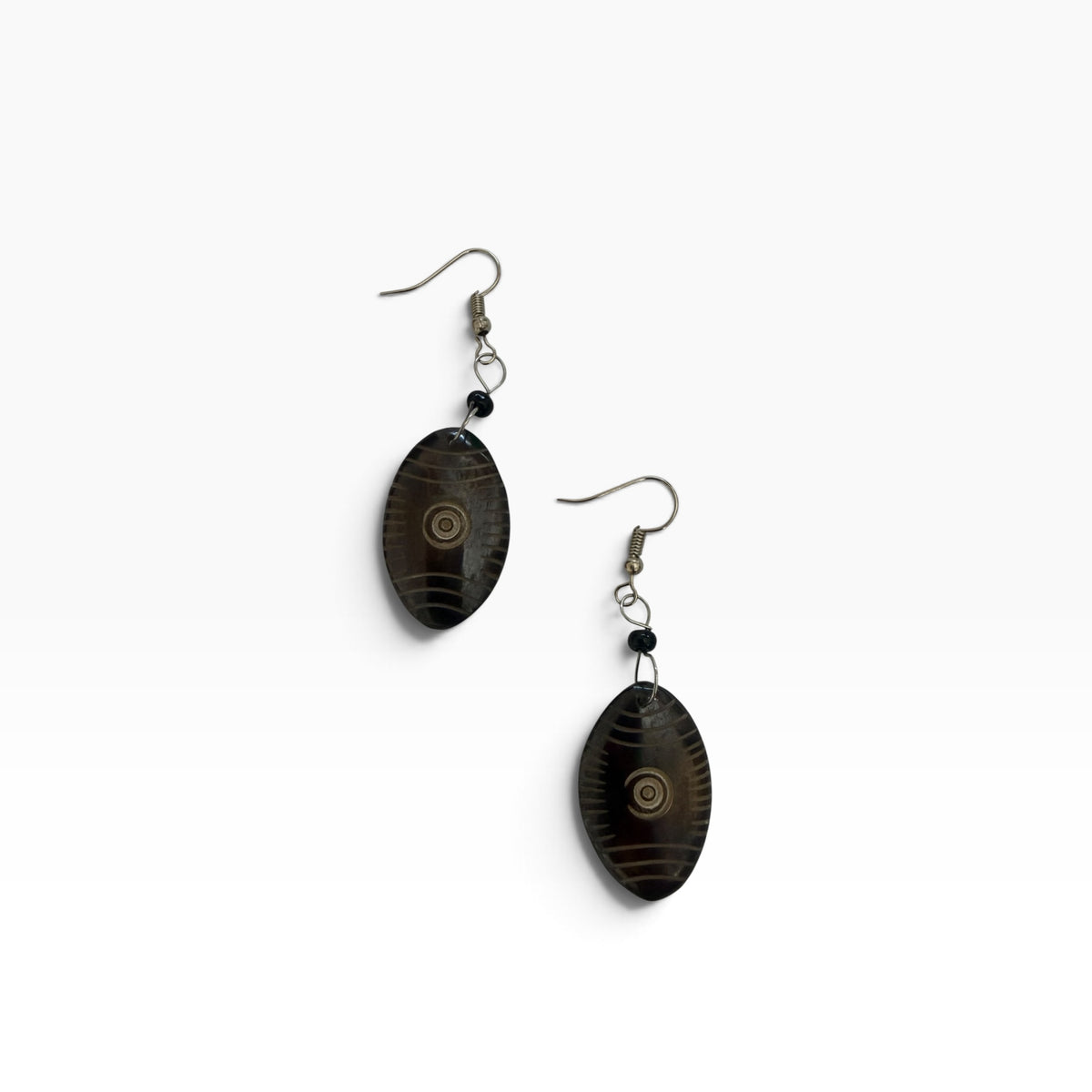Dark Brown Carved Eye Motif Cow Bone Oval Earrings