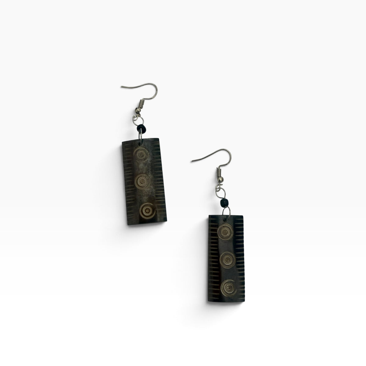 Dark Brown Carved Triple Circle Cow Bone Rectangle Earrings