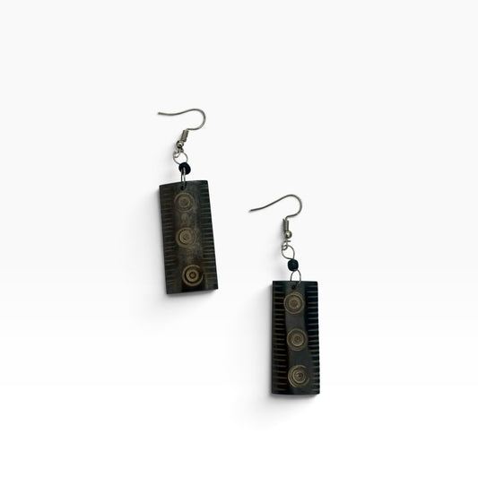 Dark Brown Carved Triple Circle Cow Bone Rectangle Earrings