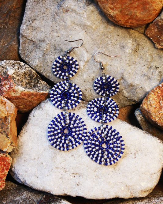 Blue And White Three Circle Towered Color Maasai Handmade Beaded Ear Rings with sterling silver hooks. 