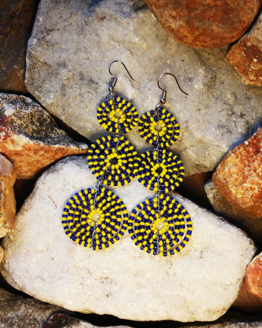 Yellow And Blue 3 Circle Towered Color Maasai Handmade Beaded Ear Rings with sterling silver hooks. 