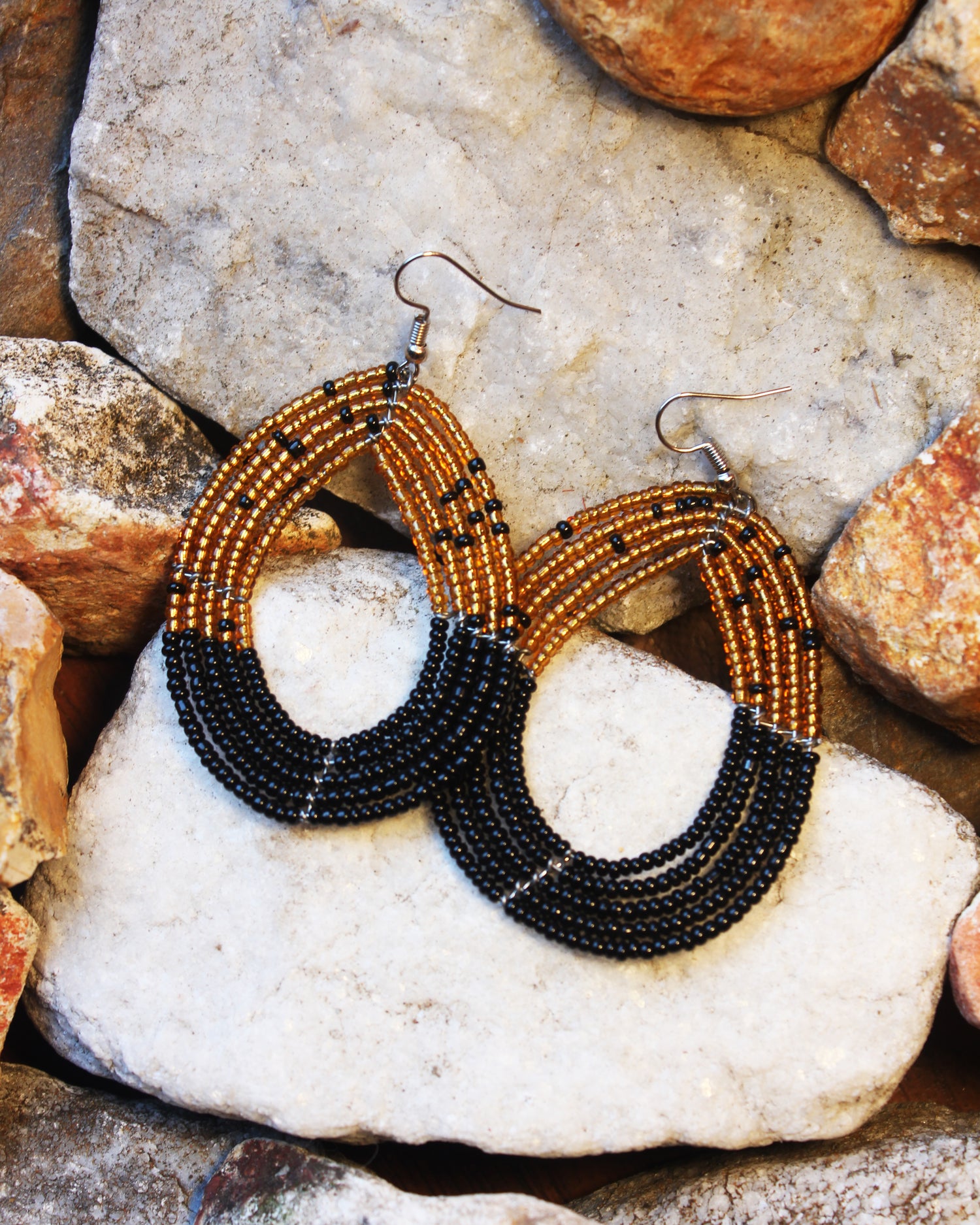 Bronze Colored Oval Shaped Maasai Handmade Beaded Ear Rings with sterling silver hooks. 