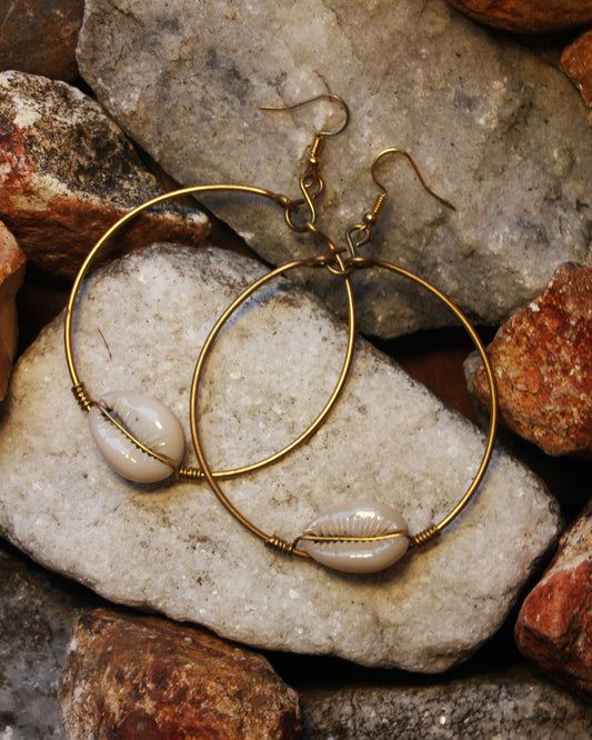 Brass Hoop with Single Embedded Cowry Earring