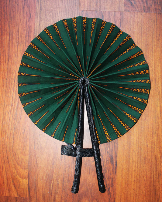 Green Ankara & Leather Folding Fan
