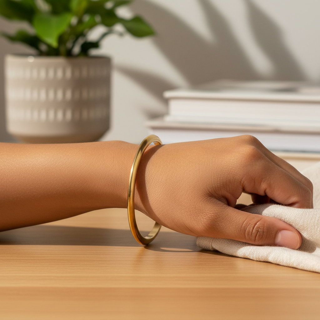 Pure brass bangle worn on wrist, lifestyle product photo