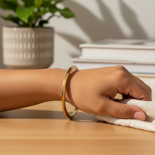 Pure brass bangle worn on wrist, lifestyle product photo