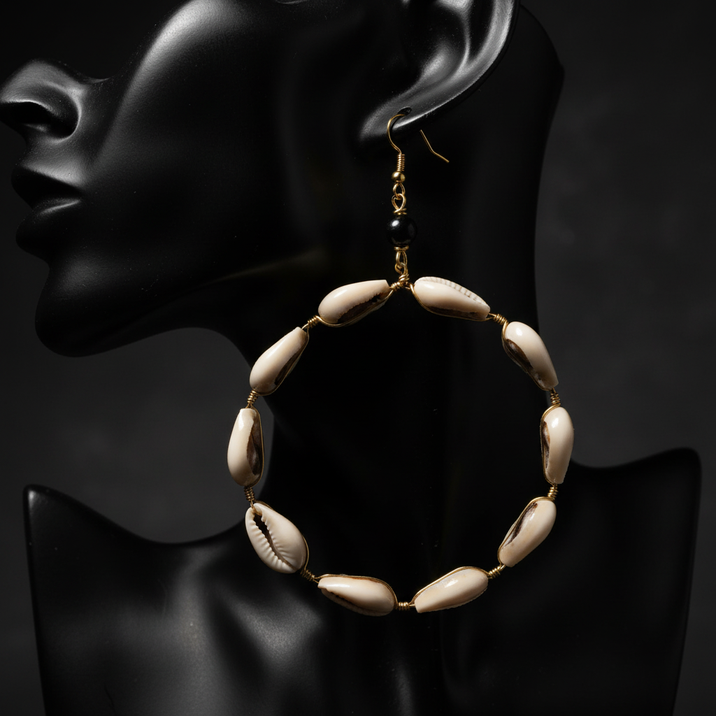 Handmade Kenyan Cowry Shell Circle Hoop Earrings - Artisan Brass Statement Jewelry