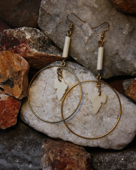 Brass Hoops With African Map Shaped Bone