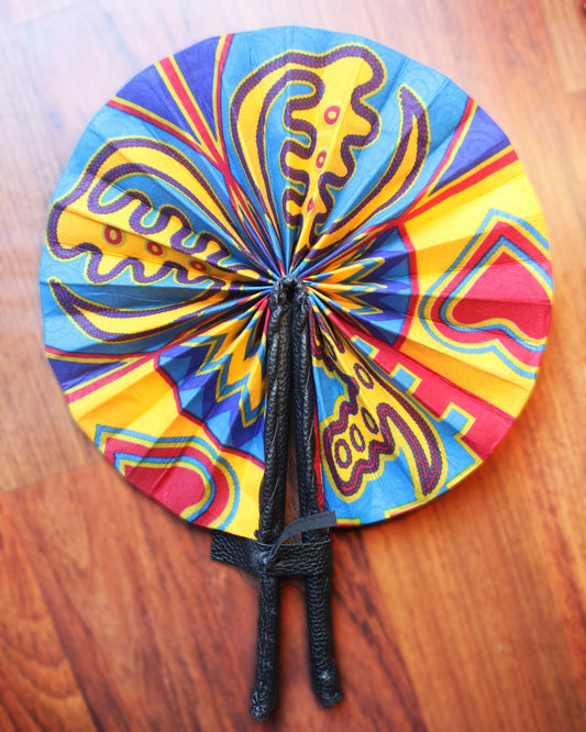 Multi-Color Ankara & Leather Folding Fan