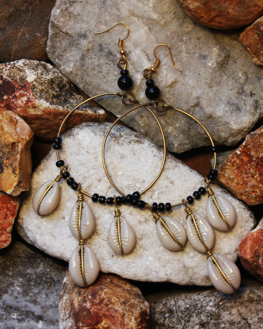 Handmade Brass Cowry Shell Earrings With Black Beads. 