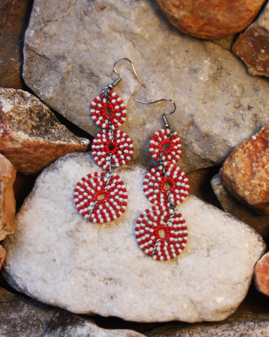Red And White Colored Maasai Handmade Beaded Ear Rings with sterling silver hooks. 