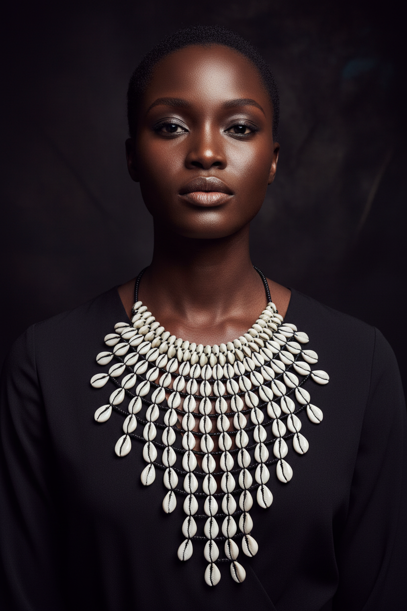 Refined Black Woman Wearing Luxury Cowrie Shell Bib Necklace
