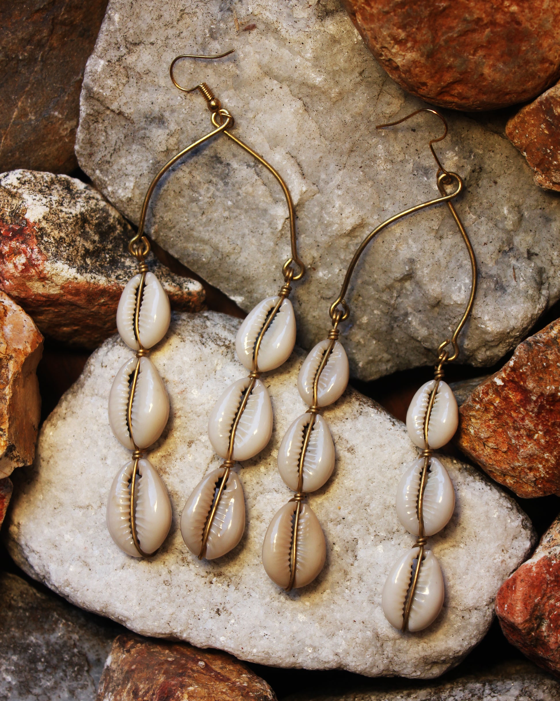 Handmade 3 tier Brass Cowry Shell Earrings.