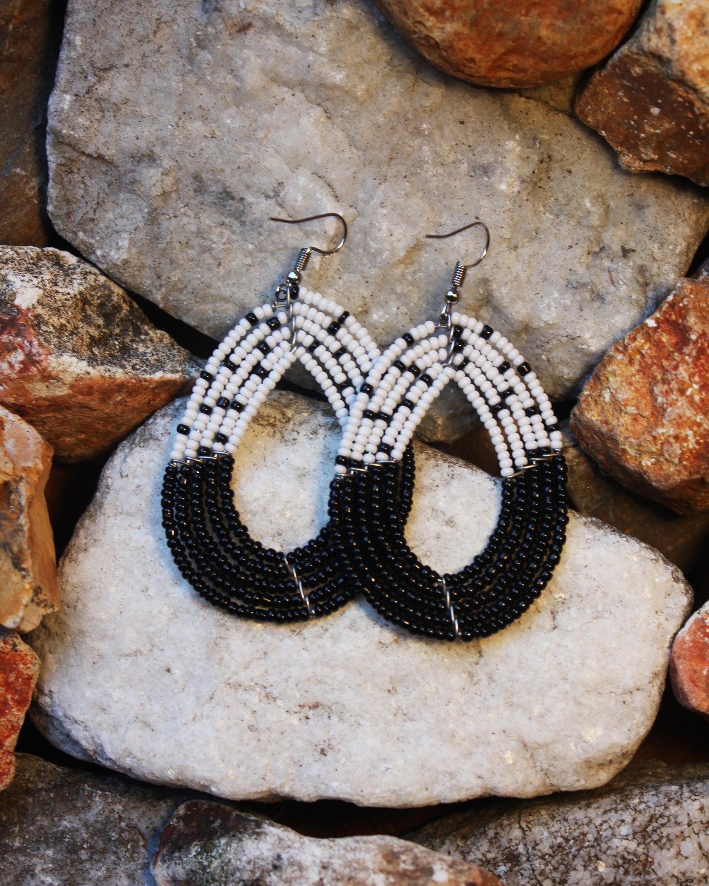 White And Black Colored Maasai Handmade Beaded Ear Rings with sterling silver hooks. 