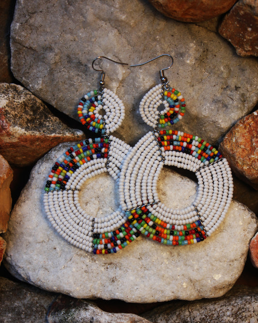 White And Multi-Color Maasai Handmade Beaded Ear Rings with sterling silver hooks. 