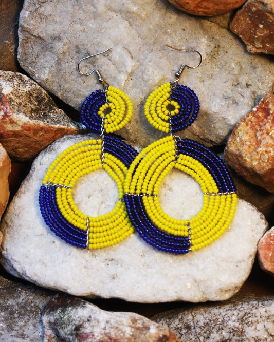 Blue And Yellow Color Maasai Handmade Beaded Ear Rings with sterling silver hooks. 